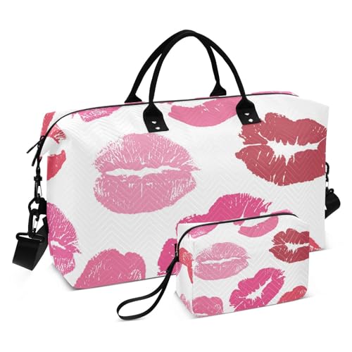 Reisetasche mit roten und rosa Lippen, Turnbeutel, Schultertasche, Wochenendtasche, Übernachtungstasche, Kulturbeutel für Sport, 2-teiliges Set, Rote rosa Lippen, 1 size von linqin