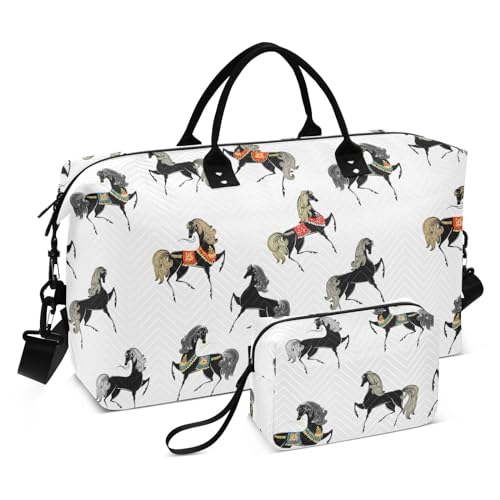 Retro schwarze Pferde, übergroße Reisetasche, Reisetasche, Flughafentasche, Turnbeutel mit Kulturbeutel für Geschäftsreisen, 2-teiliges Set, Retro Black Horses, 1 size von linqin