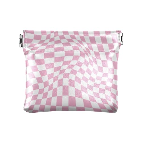 Rosa verzerrte karierte Damen-Leder-Münzgeldbörse, einzigartige Mini-Münzgeldbörse für Männer und Frauen Reisen, Rosa verzerrtes Karomuster, 4.33"(L) x 3.74"(W) x 0.39"(H), Classic von linqin