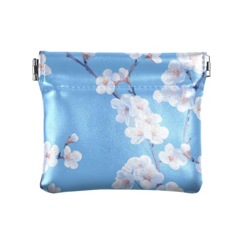 Süße Kirschblüte Blau PU Leder Kleine Münzbörse Wasserdicht Mini Kartenhalter Geldbörse für Mädchen Frauen Damen von linqin