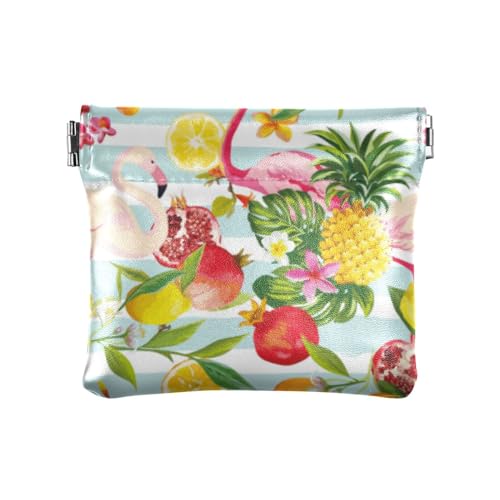 Tropical Fruits Flamingo Damen Kleine Leder Kleingeldbörse Wasserdicht Kosmetiktaschen für Mädchen Damen Handtasche, Tropische Früchte, Flamingo, 4.33"(L) x 3.74"(W) x 0.39"(H), Classic von linqin