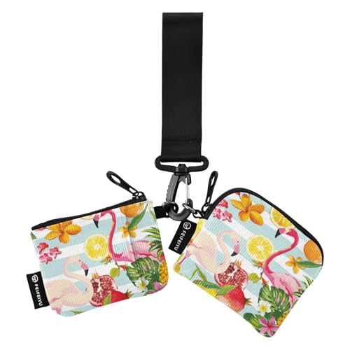 Tropical Fruits Flamingo Damen Münzgeldbörse Kartenhalter Dünn Flach Münzbörse Kleingeldhalter mit Schlüsselanhänger für Männer Frauen 2 Packungen, Tropische Früchte, Flamingo, 1 size von linqin