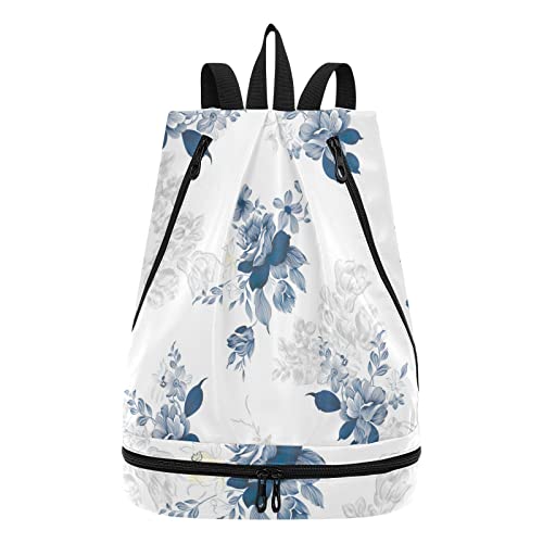 Turnbeutel Wasserdichte Tanztasche Weiß Blau Blumen Pool Tasche für Damen Herren, Weiße blaue Blumen, Einheitsgröße, Classic von linqin