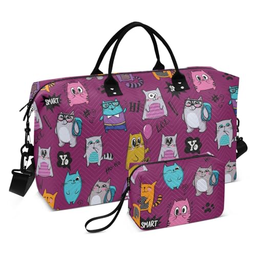 Übergroße Reisetasche mit Cartoon-Katzen-Motiv, Schultertasche, Wochenendtasche, Übernachtungstasche, Sporttasche, mit verstellbarem Riemen, zum Wandern, multifunktional, Cartoon Katzen, 1 size von linqin