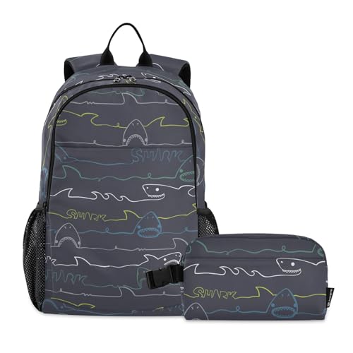 linqin Abstract Line Shark Boy Rucksack mit Lunchtasche Jungen Schulrucksack mit Brotdose Rucksack und Lunchbox Set 9-10 Jahre von linqin