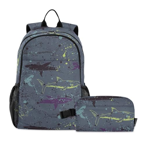 linqin Abstrakter Hai-Rucksack mit Lunchtasche, Schulrucksack für Jungen, mit Lunchbox, Rucksack und Lunchbox-Set, Alter 8–10 Jahre alt von linqin