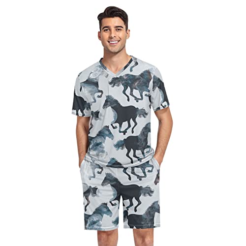 linqin Aquarell Pferd Herren Pyjama Set Baumwolle Lounge Set für Herren, Aquarell Pferd, XL von linqin