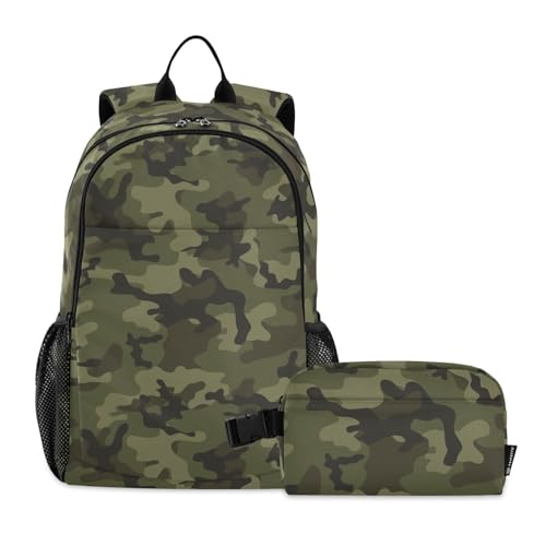 linqin Armee-Camouflage-Grüner Rucksack mit Lunchtasche, Schultasche mit Lunchtasche, Jungen, Schultaschen 7-10 von linqin