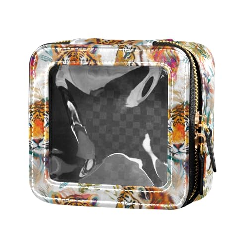 linqin Art Tigers Mini-Make-up-Tasche, transparentes Leder, Kulturbeutel, Reise-Kosmetiktasche für Damen, Art Tigers, 1 size von linqin