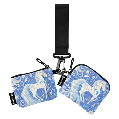 linqin Art White Horses Blue Damen Kartenetuis Kleingeldhalter Kleine tragbare Karten-Organizer Geldbörse mit Reißverschluss Münzfach für Männer Frauen 2 Packungen, Art White Horses Blue, 1 size von linqin