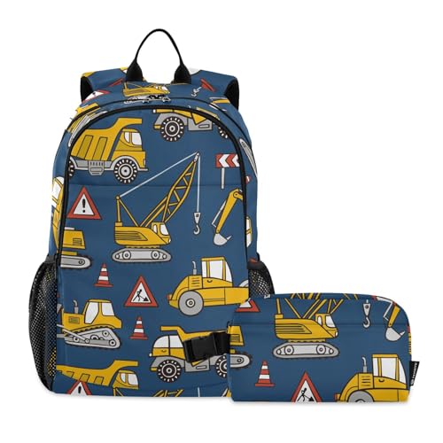 linqin Bauwagen auf blauem Rucksack mit Lunchbox für Jungen, Schultasche und Lunchbox-Set für Jungen, Büchertasche für Teenager, Mädchen, mit Lunchbox 10-12 von linqin