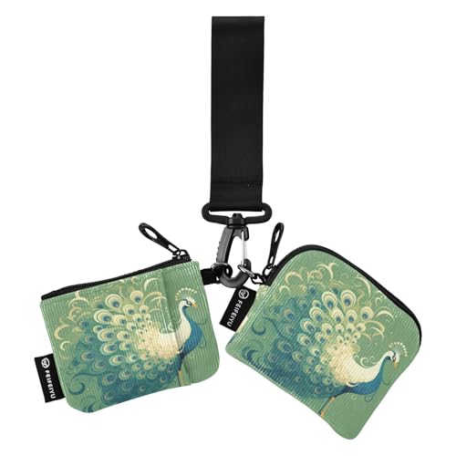 linqin Big Peacock Spring Green Damen Dual Wallets Busniess Card Cases Small Detachable Business Card Case Money Organizer with Zipper Coin Pocket for Women Men 2 Packs, Big Peacock Spring Green, 1 von linqin