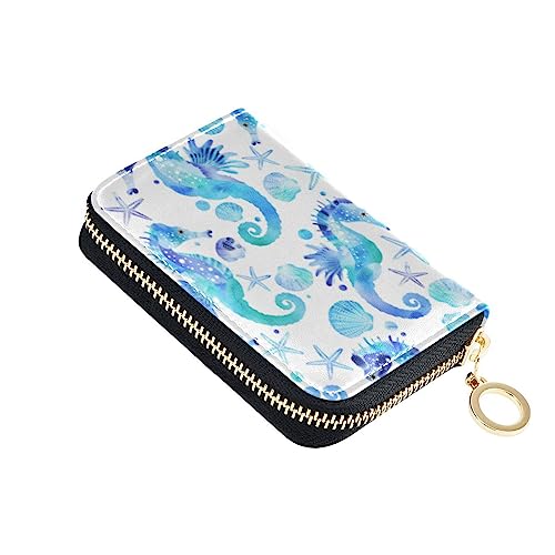 linqin Blau Türkis Seepferdchen Seesterne Muscheln Slim Card Wallets für Frauen Risikofrei RFID Blocking Wallets Leather Zip Credit Card Slots, Blau Türkis Seepferdchen, 1 size, Classic von linqin