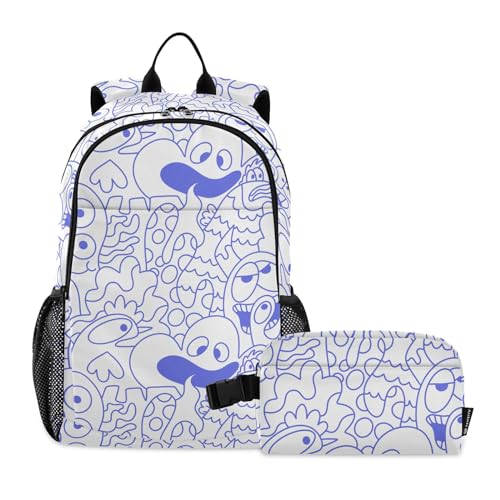 linqin Blauer Doodle Monster Aliens Rucksack für die Schule mit Lunchtasche, Schulrucksack mit Lunchtasche, Rucksack für Mädchen im Alter von 8–10 Jahren von linqin