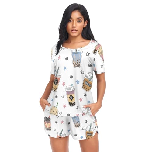linqin Bubble Tea Schlafanzug für Damen, kurzärmelig, süßer Schlafanzug mit kurzen Ärmeln, Bubble Tea, 38 von linqin