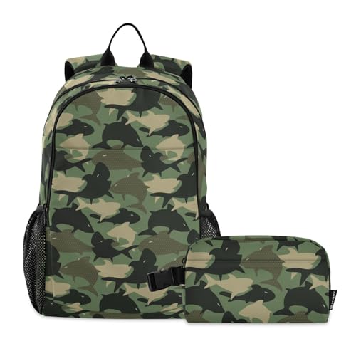 linqin Camouflage Army Sharks Rucksack und Lunchtasche Set für Teenager Mädchen Schultasche und Lunchbox Set für Jungen Büchertaschen für Jungen mit Lunchtasche 7-10 von linqin