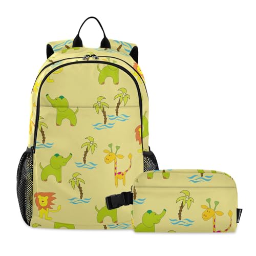 linqin Cartoon Elefant Giraffe Gelb Junge Rucksack mit Lunchtasche Junge Schulrucksack mit Lunchbox Jungen Schultaschen Alter 8-10 Jahre alt von linqin