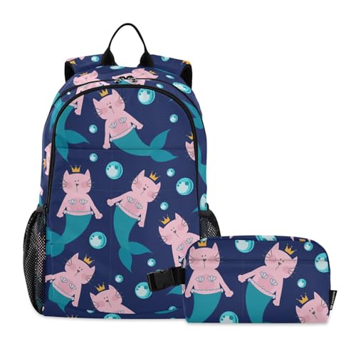 linqin Cartoon Meerjungfrau Marineblau Rucksack mit Lunchbox Jungen Schultasche und Lunchbox Set für Jungen Büchertasche und Lunchbox 9-10 Jahre von linqin