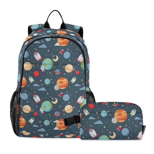 linqin Cartoon Space Rockets Rucksack und Lunchbox für Jungen Jungen Schulrucksack mit Lunchbox, Büchertasche und Lunchbox Alter 8-10 Jahre alt von linqin