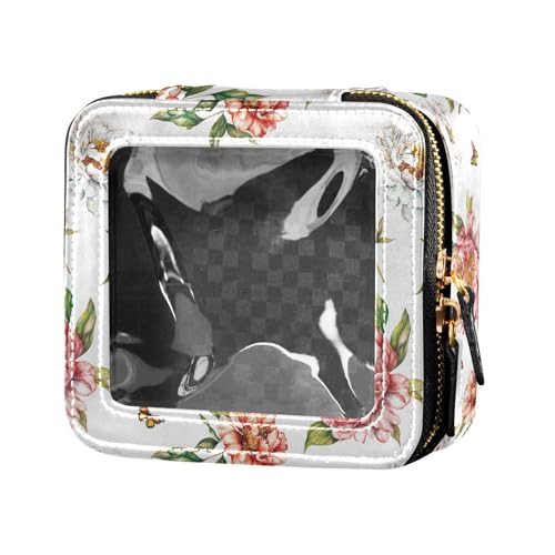 linqin Chic Make-up-Tasche aus Leder, Motiv: Pfingstrosen, klein, transparent, für Damen, Schicke rote Pfingstrosen, 1 size von linqin
