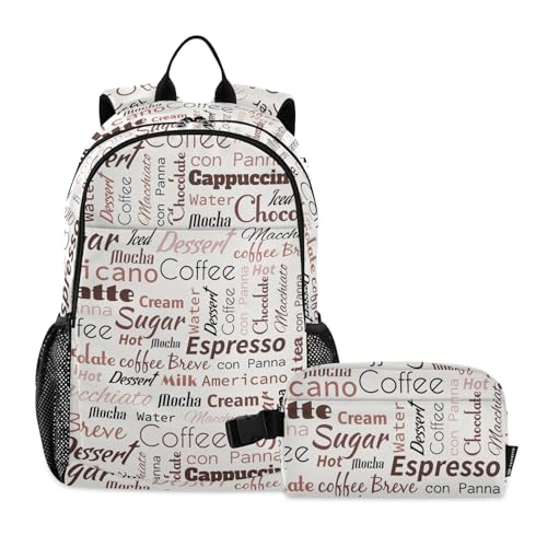 linqin Coffee Tags Fast Food Rucksack für die Schule mit Lunchtasche, Schultasche und Lunchbox-Set für Jungen, Büchertasche und Lunchbox 9-10 Jahre von linqin