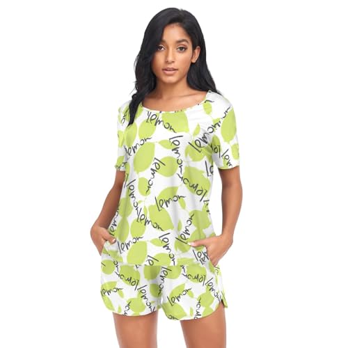 linqin Damen-Pyjama-Set aus Baumwolle, Sommer-Pyjama-Set mit Shorts und Oberteil für Damen, Pyjama-Set, Shorts und Shorts, Grün / Limettengrün, Grüne Limetten-Zitrone, M von linqin