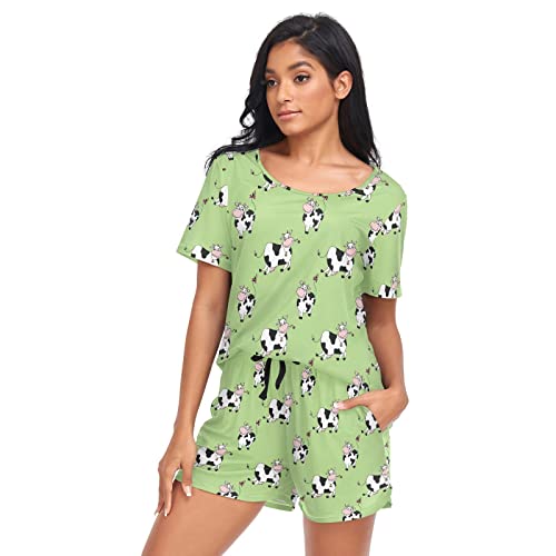 linqin Pyjama-Set für Damen, kurze Hose und Oberteil für Damen, niedliches Kuhmuster, Niedliche Kühe, 36 von linqin