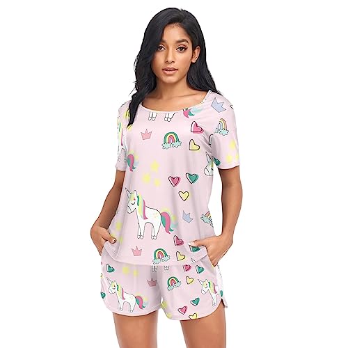 linqin Damen Schlafanzug Set Weiche Schlafanzughose Einhorn Schlafanzug Shorts Schlafanzug, Niedliche Einhörner., 42 von linqin