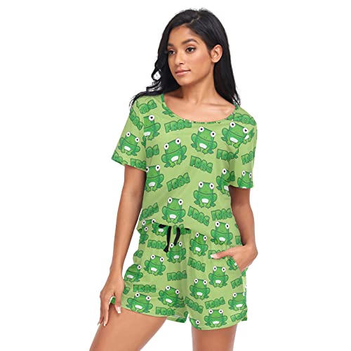 linqin Damen Schlafanzug Set mit Cartoon Frosch Pyjama Shorts für Damen, Gezeichneter Frosch, 48 von linqin
