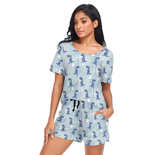 linqin Damen Schlafanzug Set mit Shorts und Oberteil - Dinosaurier Blau - Pyjama Set Damen Sommer Pyjama Set, Dino Blue, 38 von linqin