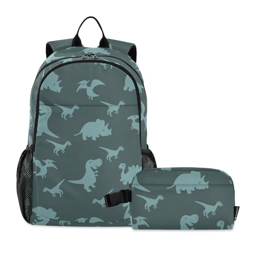 linqin Deep Green Dinosaurs Rucksack mit Lunchbox für Jungen, Schulrucksack mit Lunchtasche, Büchertasche mit Lunchbox für Mädchen 10-12 von linqin