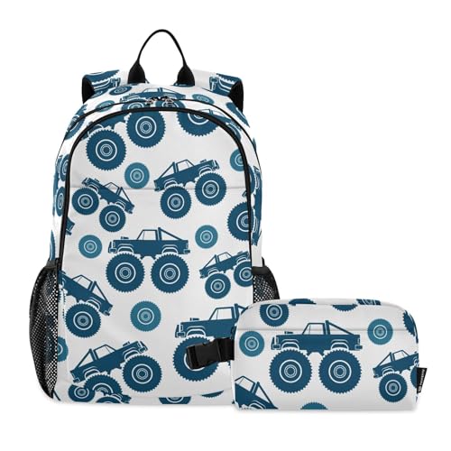 linqin Dunkelblauer Trucks Rucksack für Jungen mit Lunchbox Schultasche und Lunchbox Set für Jungen Taschen für Schule Jungen 10-12 von linqin