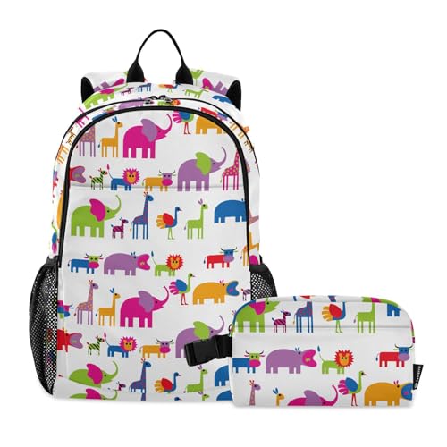 linqin Elefant Löwe Tier Rucksack für die Schule mit Lunchtasche Schulrucksäcke für Mädchen mit Brotdose, Büchertasche und Lunchbox Alter 8-10 Jahre alt von linqin