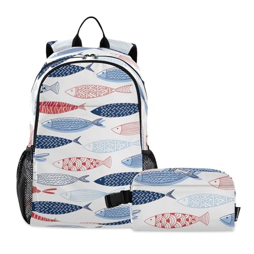 linqin Fisch-Rucksack mit Brotdose für Jungen, Schultasche und Lunchbox-Set für Jungen, Büchertasche und Lunchbox 7-10 von linqin