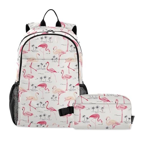 linqin Flamingo Retro Baum Rucksack mit Lunchbox Jungen Schulrucksack mit Lunchbox Büchertasche mit Lunchbox für Mädchen Alter 8-10 Jahre alt von linqin