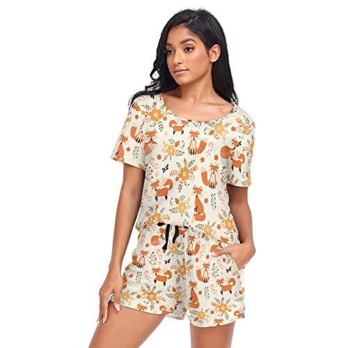 linqin Fox Damen Pyjama Set Kurzarm Herbst Wald Tier, Fuchs Herbstwald Tier, 36 von linqin