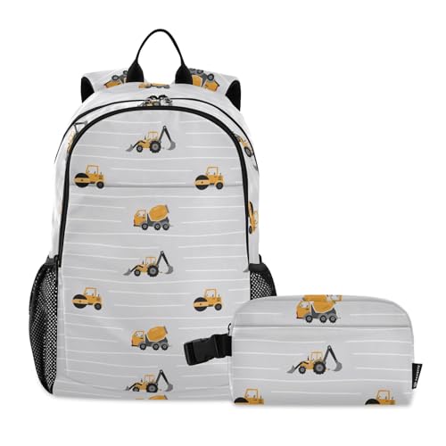 linqin Gelber schwerer Baumaschinen Bagger Rucksack mit Lunchbox für Jungen Schulrucksack mit Lunchtasche Schultasche für Jungen 7-10 von linqin