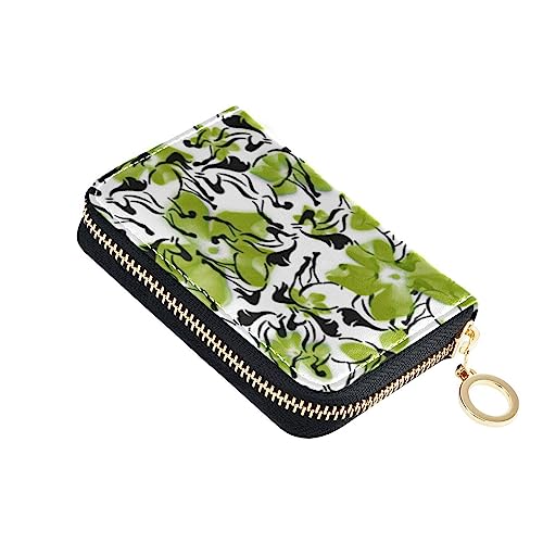 linqin Green Ink Horses Tropical Hibiscus Flowers Mini Card Case Wallet for Girl Riskfree RFID Card Holder Leather Zip Pocket Wallet, Grüne Tinte Pferde, 1 size, Classic von linqin