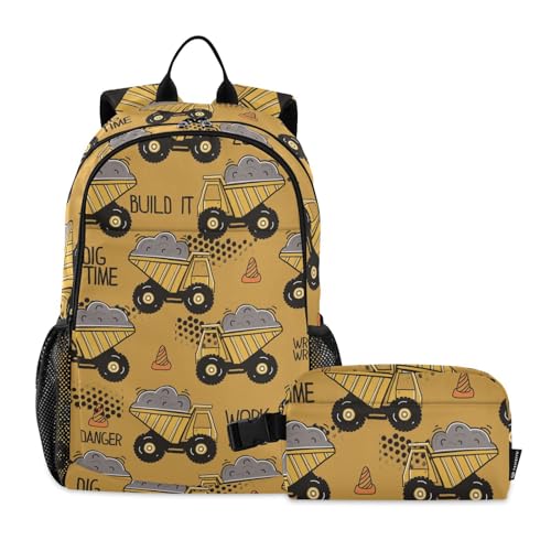 linqin Handgezeichnete Baumaschinen, Kinder-Schulrucksack, Schultasche und Lunchbox-Set für Jungen, Rucksack für Mädchen im Alter von 8–10 Jahren von linqin