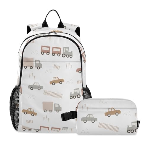 linqin Handgezeichneter Zug LKW Auto Rucksack und Lunchbox für Jungen Schultasche und Lunchbox Set für Jungen Büchertasche für Jungen 9-10 Jahre von linqin