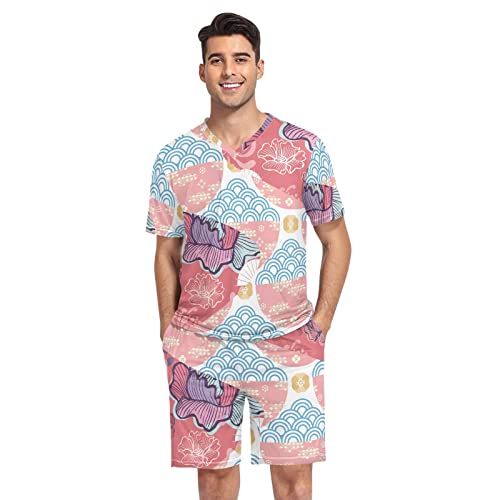 linqin Herren Pyjama Set, Japanische Wolken, Wellen für Herren, Sommer Nachtwäsche, Japanische Wolken Wellen, XL von linqin