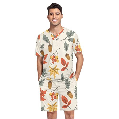 linqin Herren Pyjama Set mit bunten Blättern Muster, Buntes Blatt., S von linqin