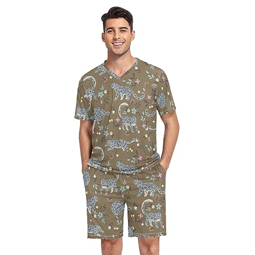 linqin Herren Pyjama-Set mit niedlichen Leoparden und Blumen, Niedliche Leoparden Blumen, S von linqin