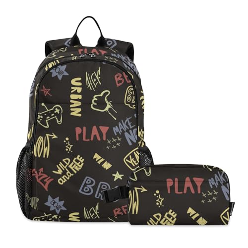 linqin Jungen Slogans Graffiti-Rucksack mit Lunchbox für Jungen, Schultasche mit Lunchtasche, Büchertaschen mit Lunchbox für Jungen im Alter von 8–10 Jahren von linqin