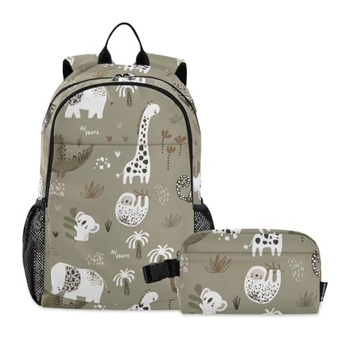 linqin Jungle Tigers Krokodil-Rucksack für Schule und Lunchtasche, Schultasche und Lunchbox-Set für Jungen, Büchertasche und Lunchbox 10-12 von linqin