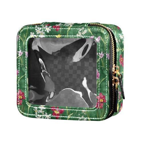 linqin Kosmetiktasche aus transparentem Leder, Motiv: Frühlingsblumen, dunkelgrün, niedlich, Kulturbeutel, Make-up-Tasche, Organizer für Damen, Blumen tiefgrün, 1 size von linqin