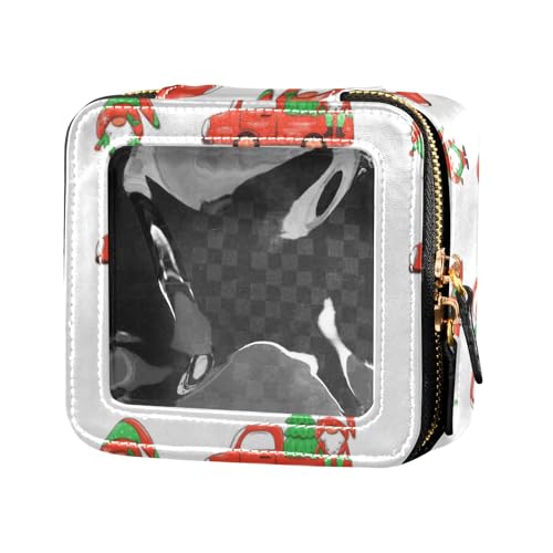 linqin Kosmetiktasche mit Weihnachtsmotiv in rotem LKW, transparent, kleine Make-up-Tasche für Geldbörse, Leder, Kulturbeutel, Kosmetiktasche, Organizer für Fliegen, Zwergenbaum in rotem LKW, 1 size von linqin