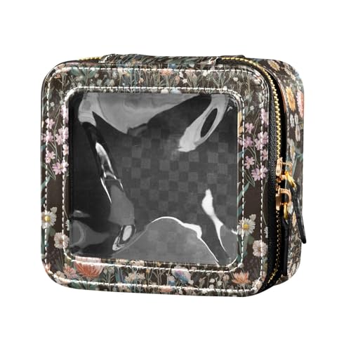 linqin Kosmetiktasche mit Wildblumen-Motiv, klein, Reise-Kulturbeutel, Leder, Organizer für Damen, Wildblumen, 1 size von linqin