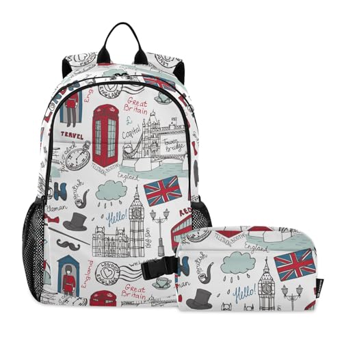 linqin London Wahrzeichen Rucksack mit Lunchbox für Jungen Schulrucksack mit Lunchtasche Rucksack und Lunchbox Set 9-10 Jahre von linqin