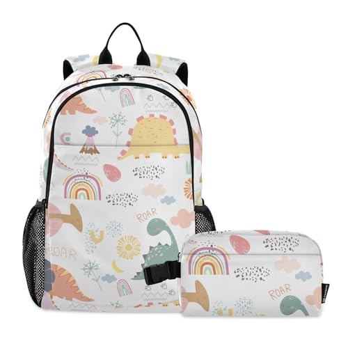 linqin Lustige Dinosaurier Regenbogen Rucksack mit Lunchbox für Jungen Schultasche und Lunchbox Set für Jungen Büchertasche und Lunchbox 10-12 von linqin